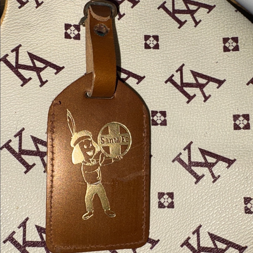 Vintage luggage tag case; SANTA FE RAILROAD made in USA